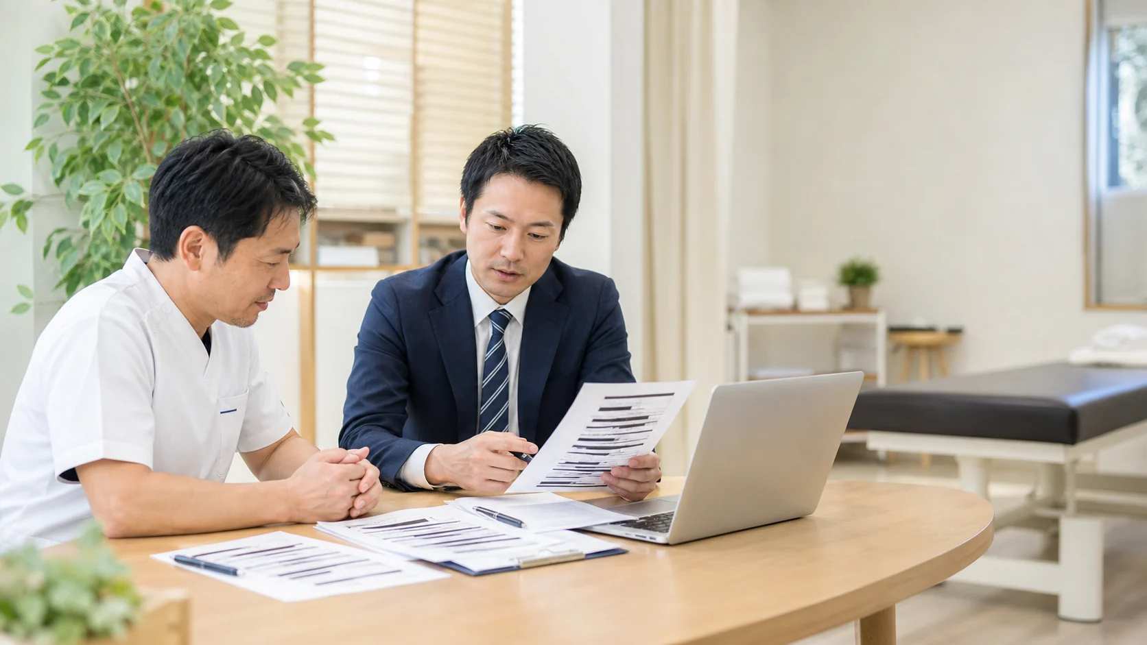 整骨院M&Aで院名を伏せた秘密保持相談をしている様子