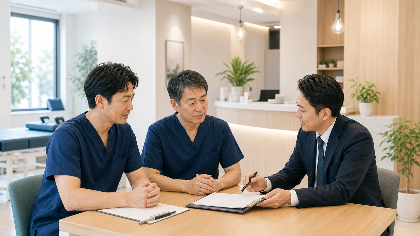 整骨院オーナーとM&A担当者が院内で相談している様子