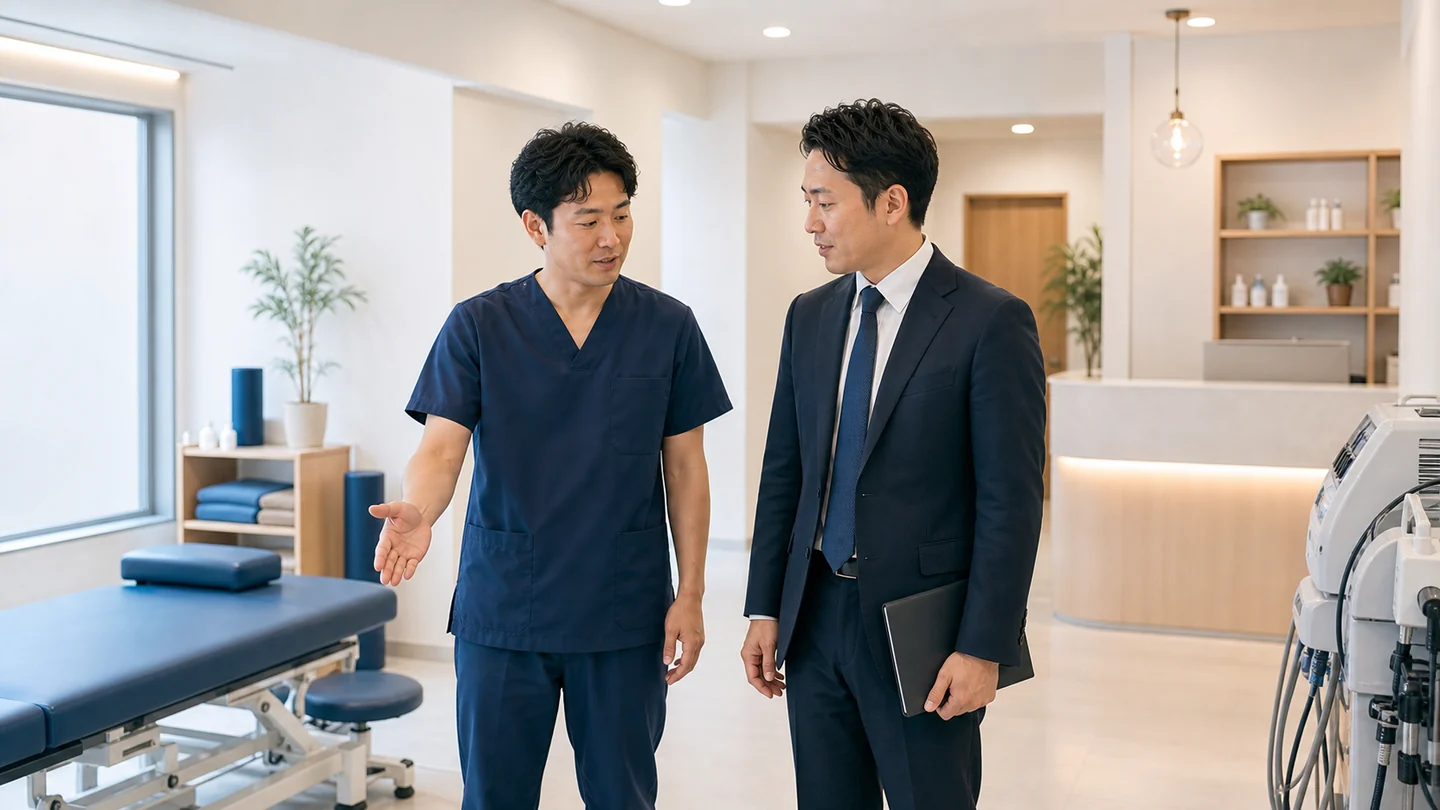 整骨院の施術室を確認しながら承継条件を整理している様子