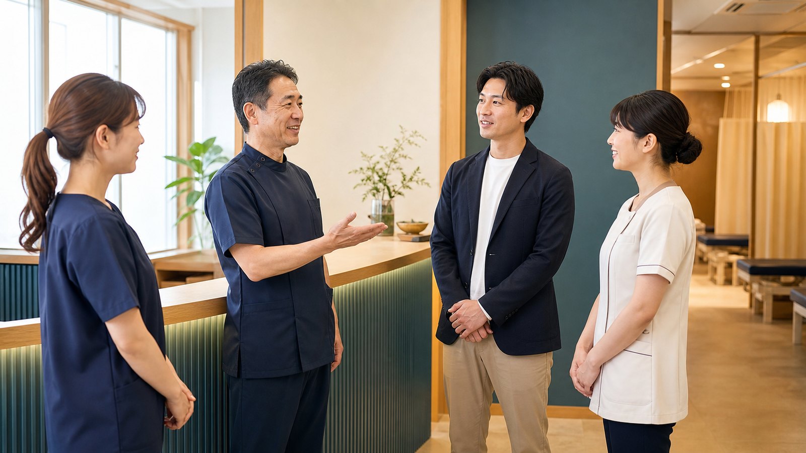整骨院の院長と後継者がスタッフへ引継ぎ方針を共有するイメージ